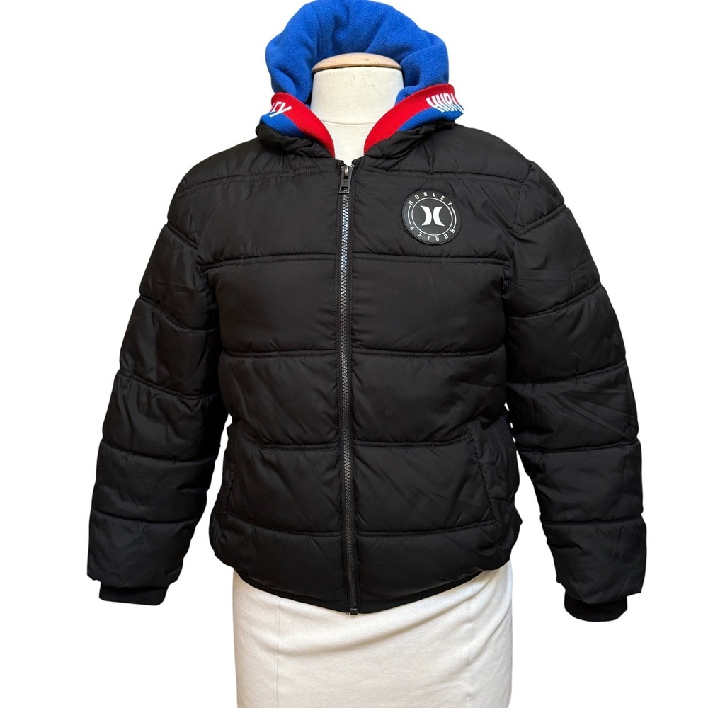 Hurley Boys Puffer Jacket Black Hooded Coat Size M 10-12 YRS Preppy Logo Casual